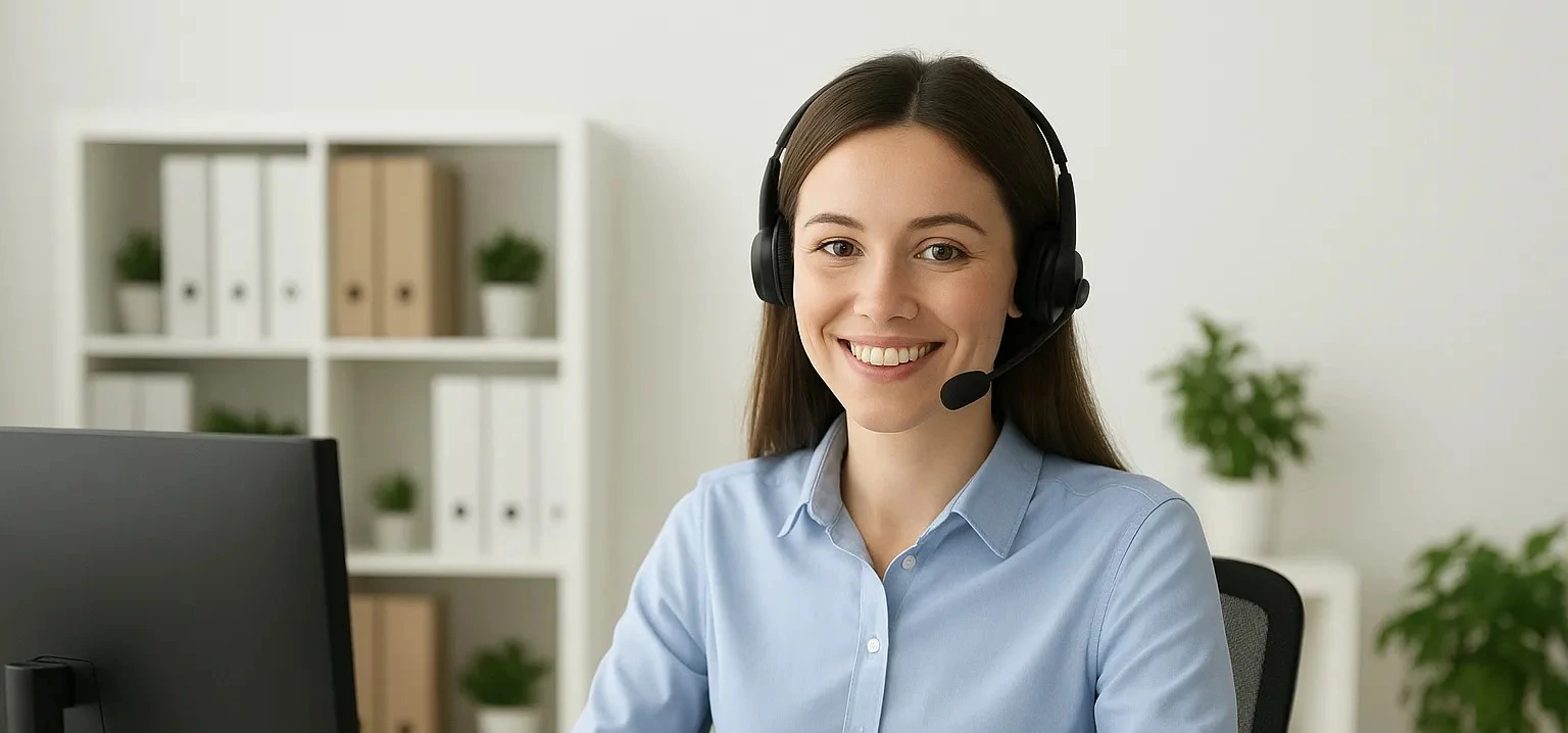 Hymyilevä asiakaspalvelija valmiina auttamaan